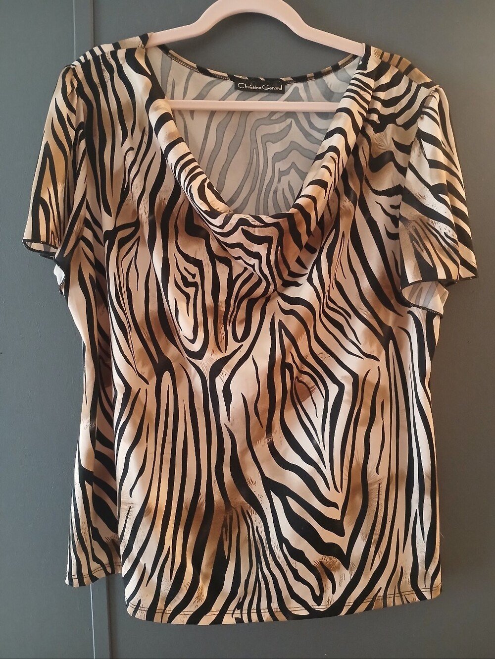 Christine Gerard Women's Zebra Print, Cowl Neck, Short Flutter Sleeve Top 2X
